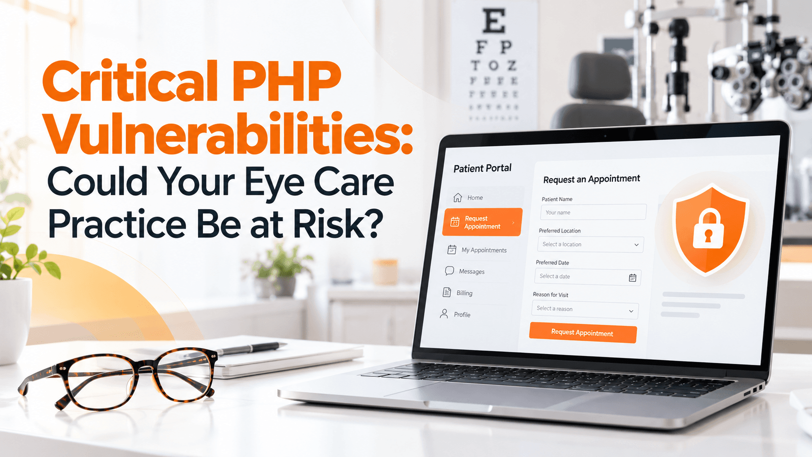 Critical PHP Vulnerabilities: Could Your Eye Care Practice Be at Risk? A laptop displaying a patient portal with a padlock shield, set in an eye care office.