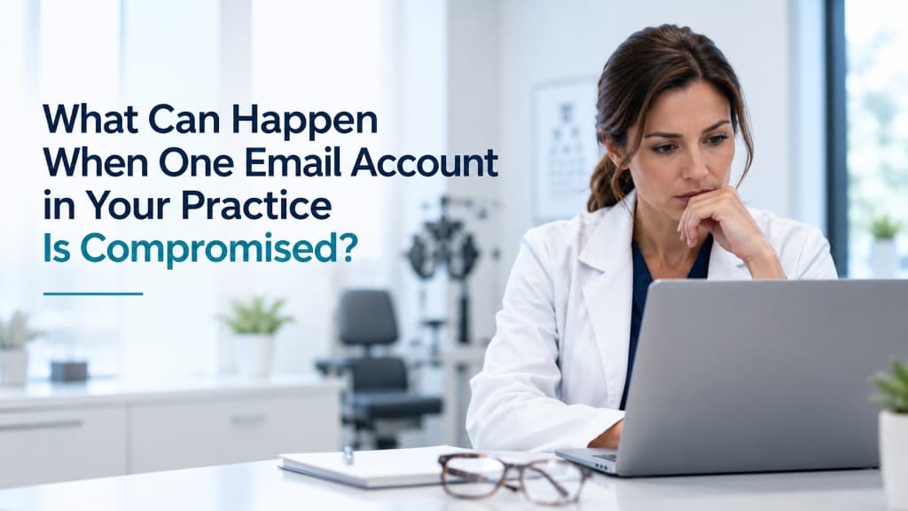 Eye care clinician reviewing a laptop in a clinic, with overlay text asking what can happen when one email account in the practice is compromised.