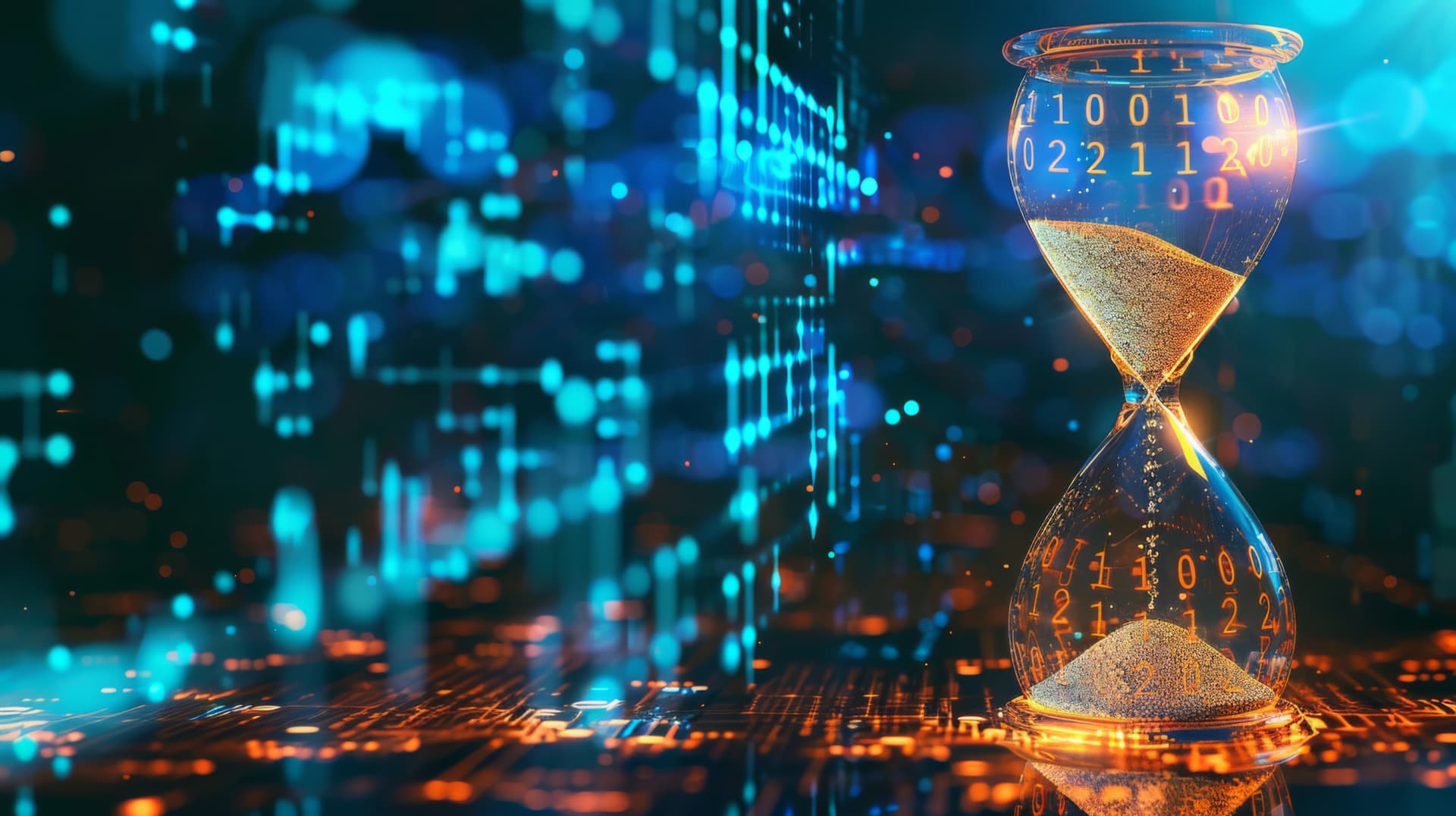 An hourglass filled with sand, surrounded by glowing binary code and digital graphics.